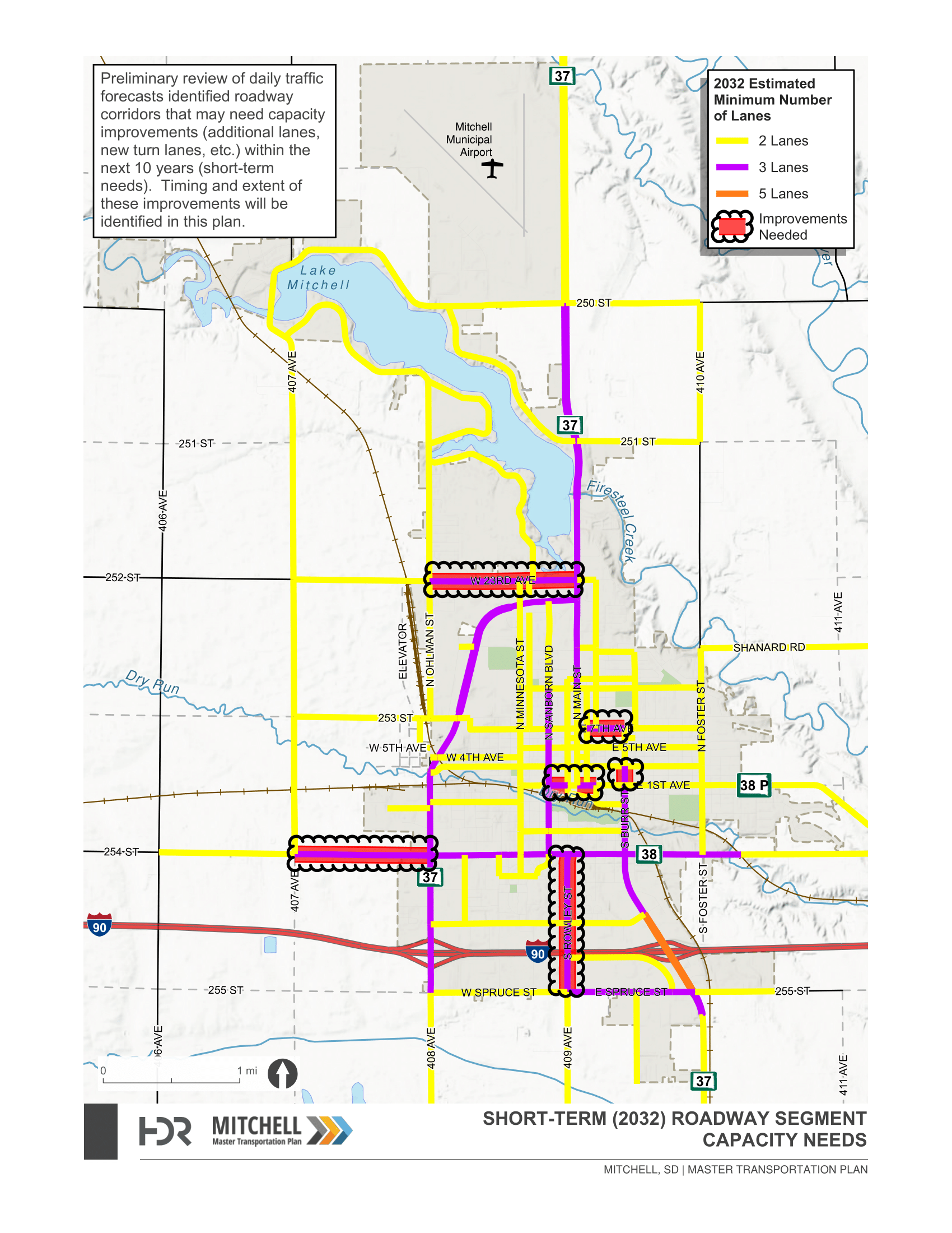 Summary of potential roadway improvement needs in terms of ‘number of lanes’ along a roadway segment based on forecasted traffic volumes.  Roadway segments with a thick red outline reflect short-term needs for additional lanes based on anticipated traffic growth and development over the next 10 years.  